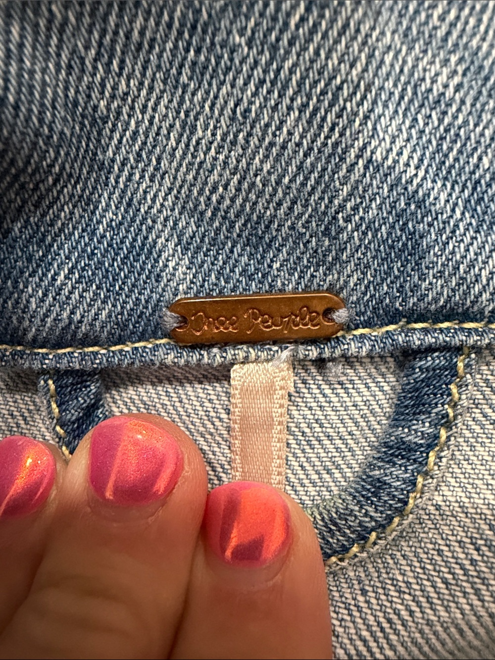 Free People Distressed Light Blue Denim Jacket with Pearl Accents - Picture 5 of 7